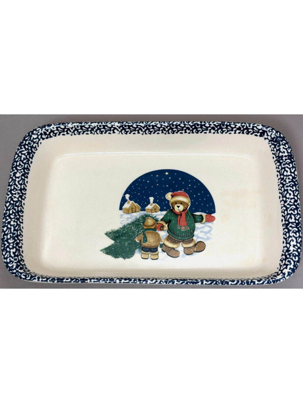 Vintage Christmas Teddy Bears Baking Dish Casserole Spongeware Rim Baker 14 In